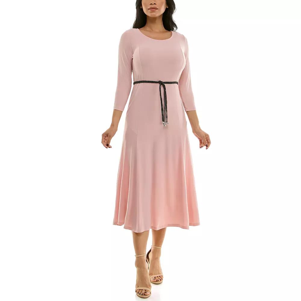 Women's Nina Leonard Sylvia Three-Quarter Sleeve Belted Midi Dress,  Product Image