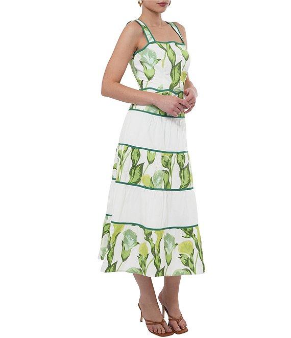 Adelyn Rae Lisha Woven Floral Leaf Print Square Neck Sleeve Scallop Trim Tiered A-Line Midi Dress Product Image