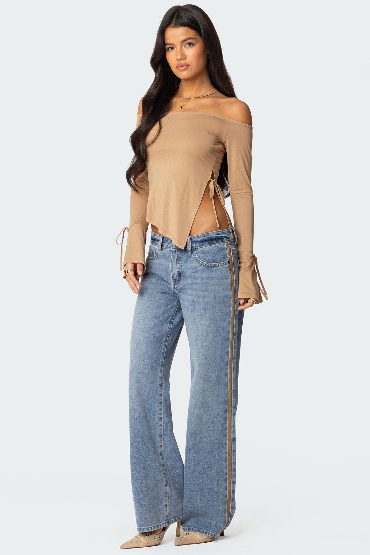 Faux Suede Stripe Low Rise Straight Leg Jeans Product Image