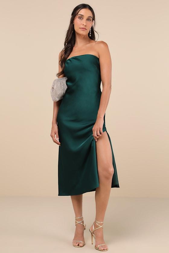 Effortless Bliss Emerald Satin Strapless Cowl Back Midi Dress Product Image