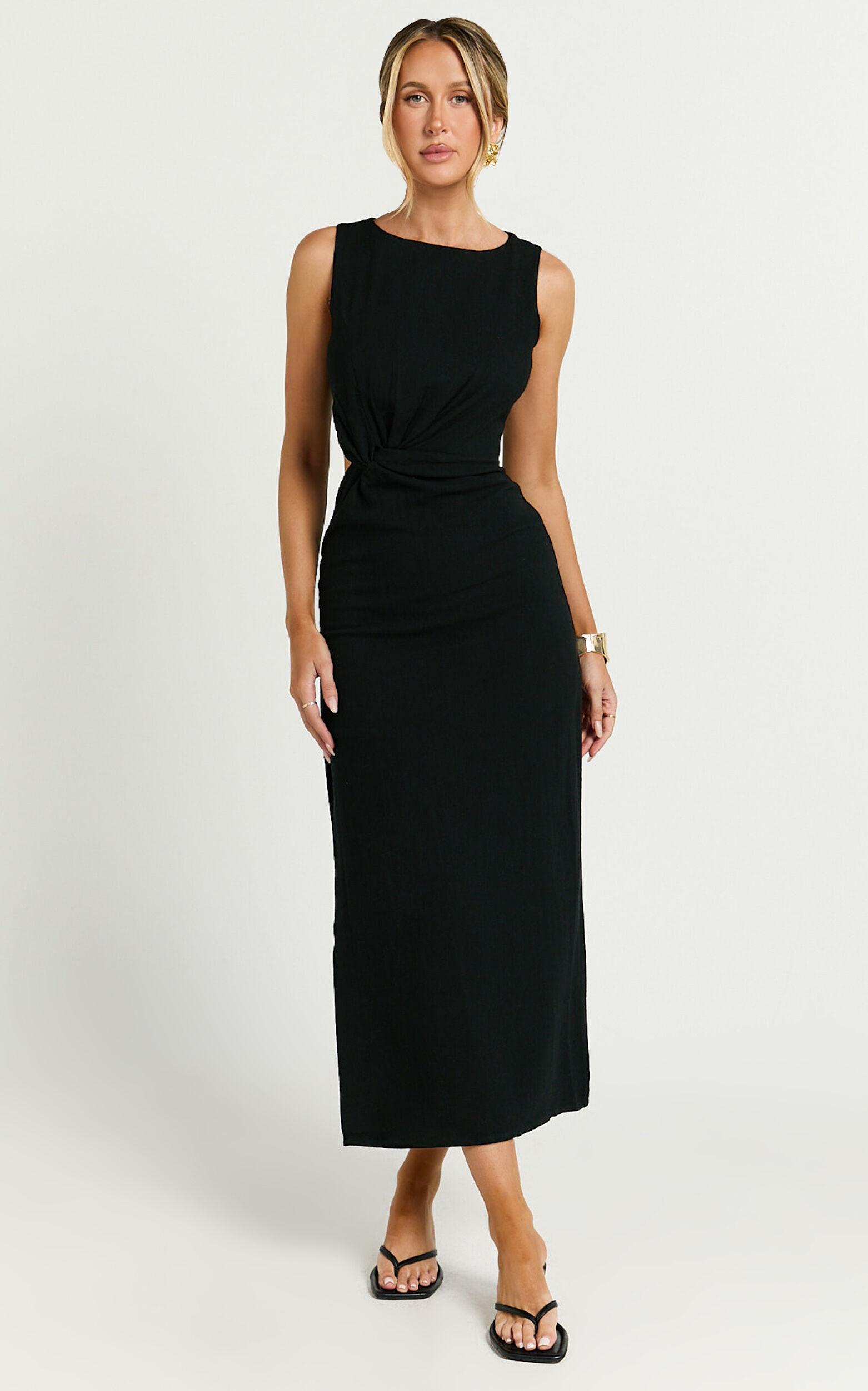 Brodie Midi Dress - Side Cut Out Linen Blend Dress in Black Product Image