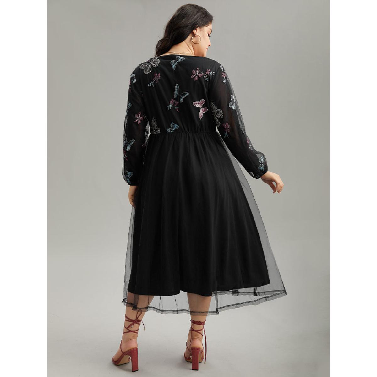 Plus Size Butterfly Embroidered Mesh Gathered Patchwork Dress Black Women Party Elastic cuffs V-neck Long Sleeve Curvy Midi Dress BloomChic 26/4X Product Image