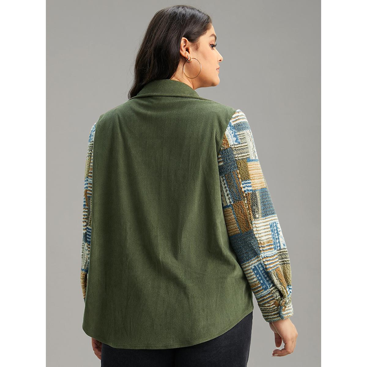 Plus Size Textured Contrast Patchwork Button Through Jacket Women ArmyGreen Casual Contrast Ladies Dailywear Winter Coats BloomChic 26/4X Product Image