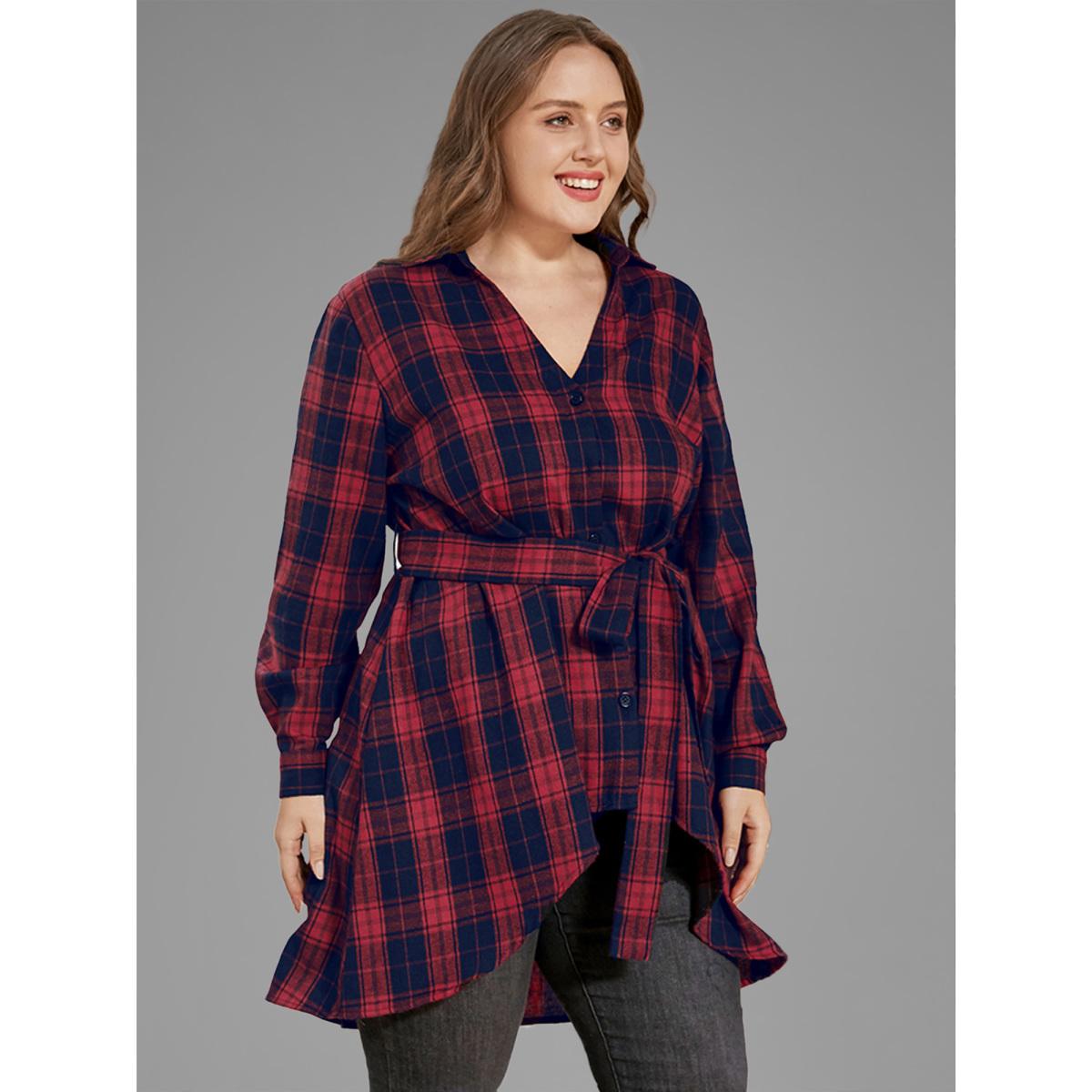 Plus Size Red Plaid Button Up Asymmetrical Hem Belted Blouse Women Elegant Long Sleeve V-neck Dailywear Blouses BloomChic 18-20/2X Product Image