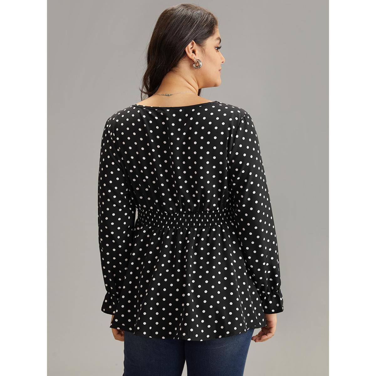 Plus Size Black Polka Dot Lace Up Shirred Flutters Blouse Women Office Long Sleeve V-neck Office Blouses BloomChic 22-24/3X Product Image