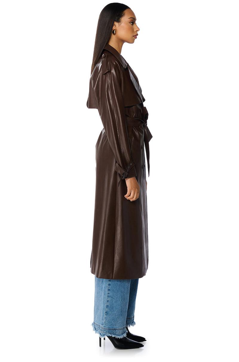 AU REVOIR FAUX LEATHER TRENCH IN BROWN Product Image