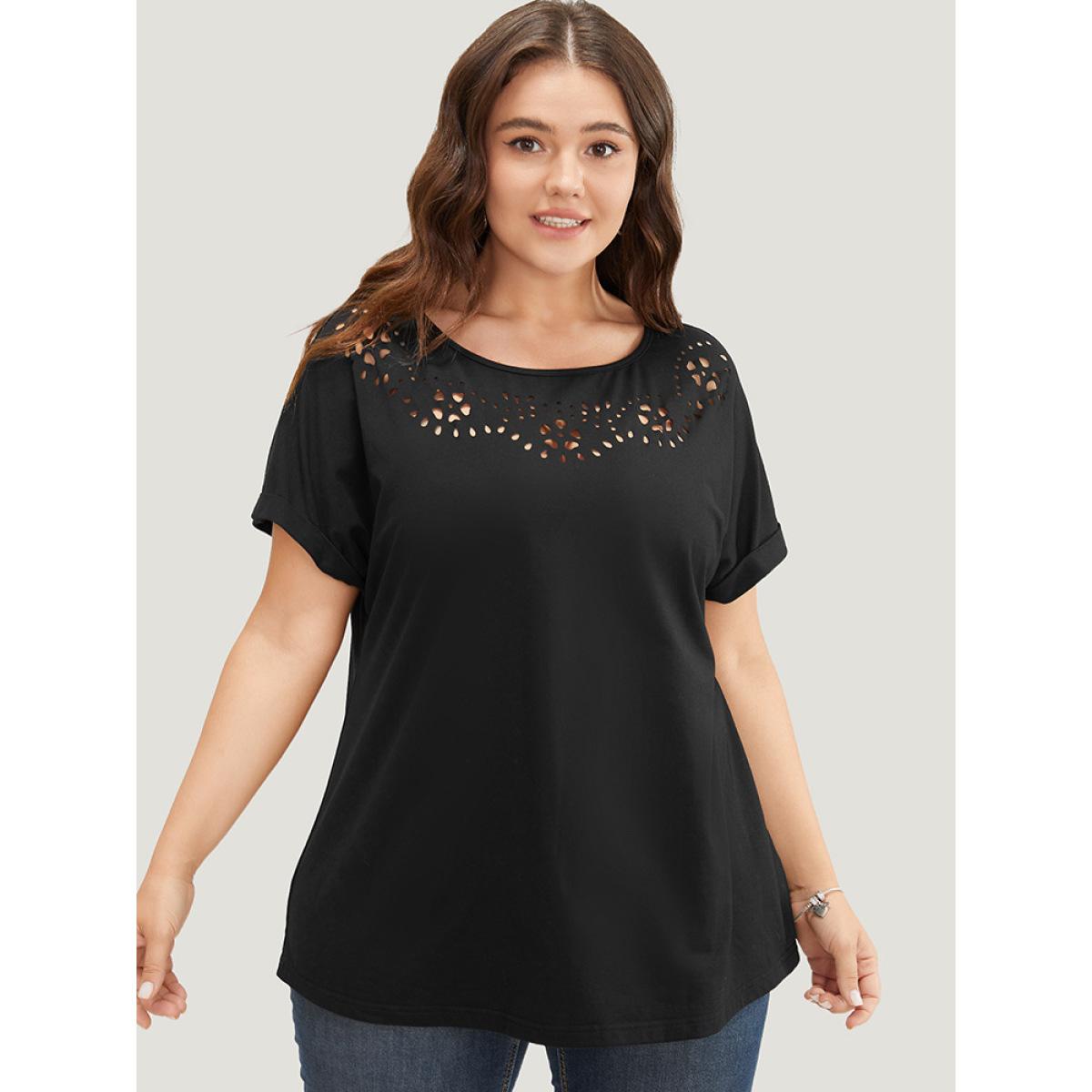 Plus Size Solid Roll Batwing Sleeve Laser Cut T-shirt Black Women Elegant Plain Round Neck Dailywear T-shirts BloomChic 12/L Product Image