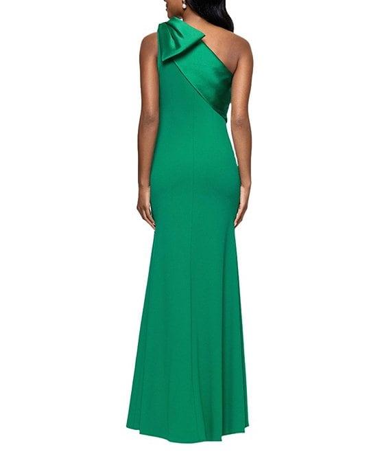 Betsy & Adam Satin Bow One Shoulder Scuba Crepe Sleeveless Mermaid Gown Product Image