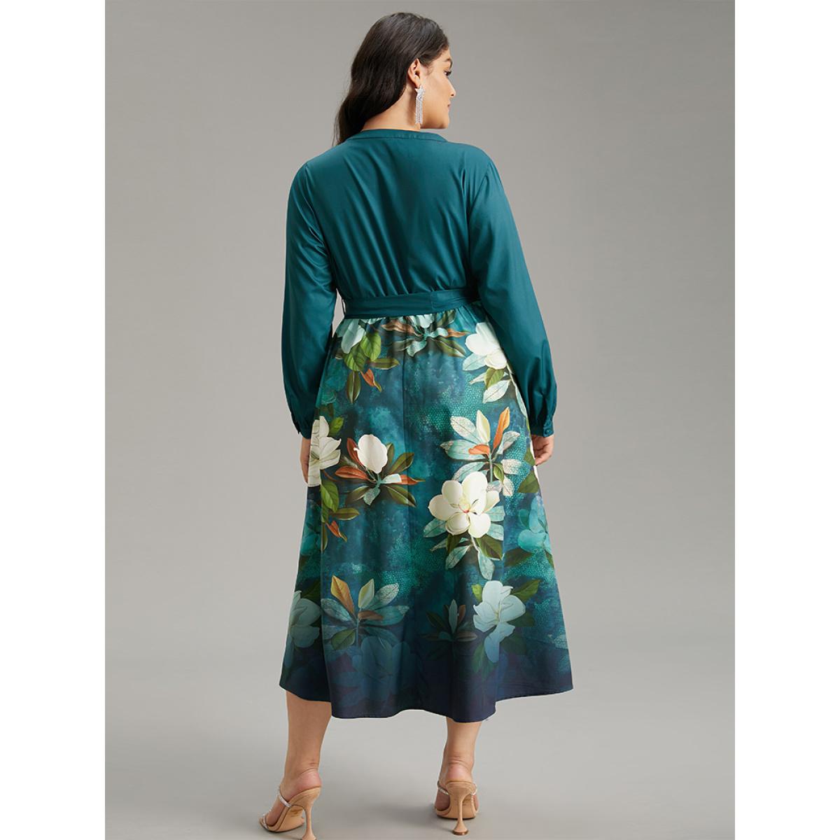Plus Size Floral Print Patchwork Bleted Pocket Dress Cerulean Women Glamour Belted Notched collar Long Sleeve Curvy Midi Dress BloomChic 14-16/1X Product Image