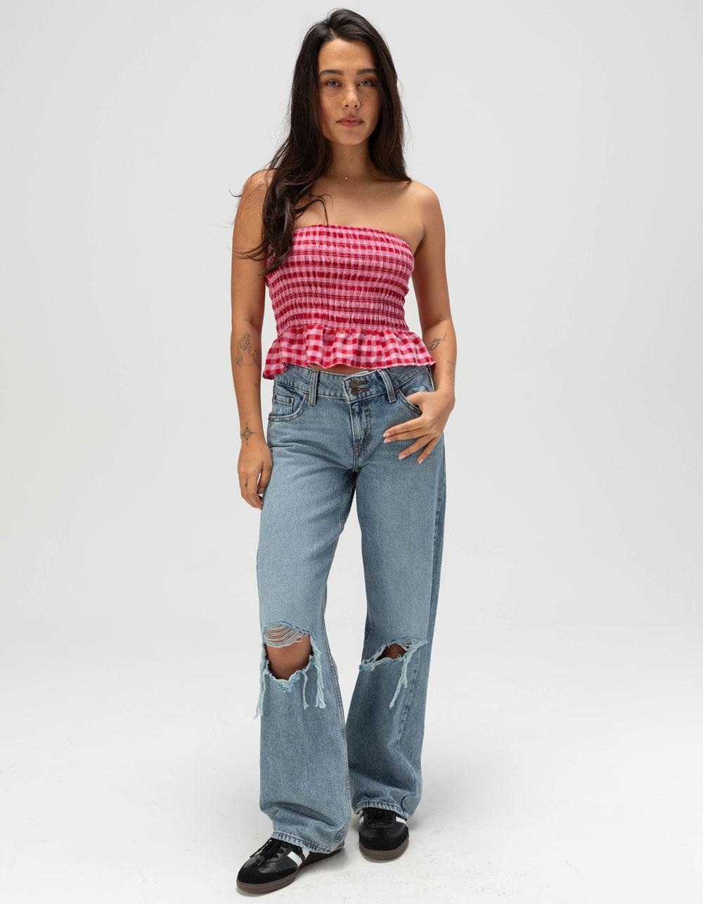 FULL TILT Smocked Plaid Peplum Tube Top - RED COMBO Product Image