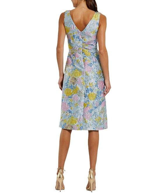Mac Duggal Brocade Floral Print V Neck Sleeveless Bow Detail A-Line Midi Dress Product Image