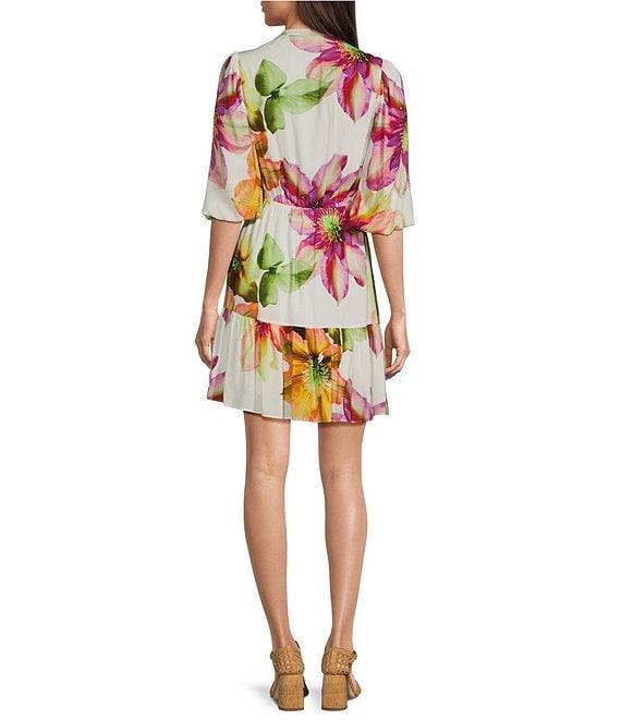 Alex Marie Petite Size Elaina Floral Short Sleeve A line Notch Collar Dress Product Image