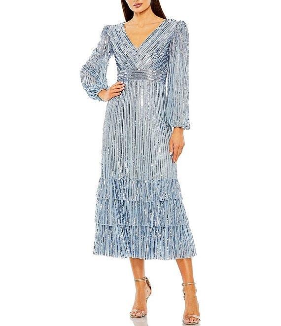 Mac Duggal Vneck Sequin Chiffon Tiered Ruffle Midi Dress Product Image