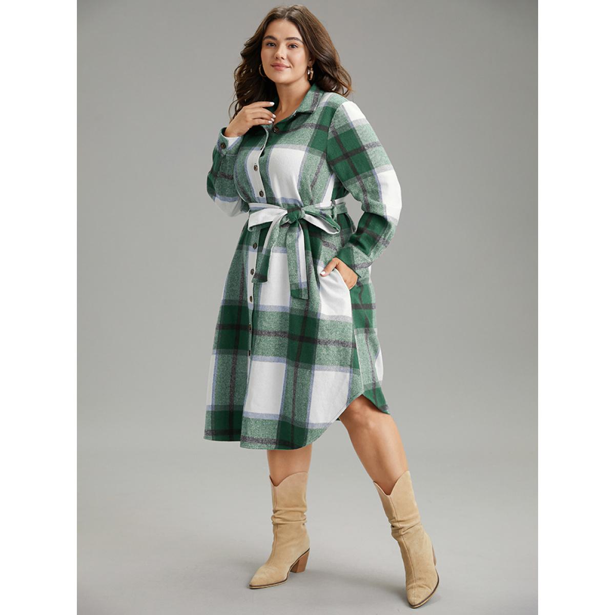 Plus Size Plaid Shirt Collar Button Through Belted Dress DarkGreen Women Casual Belted Shirt collar Long Sleeve Curvy Midi Dress BloomChic 28/5X Product Image