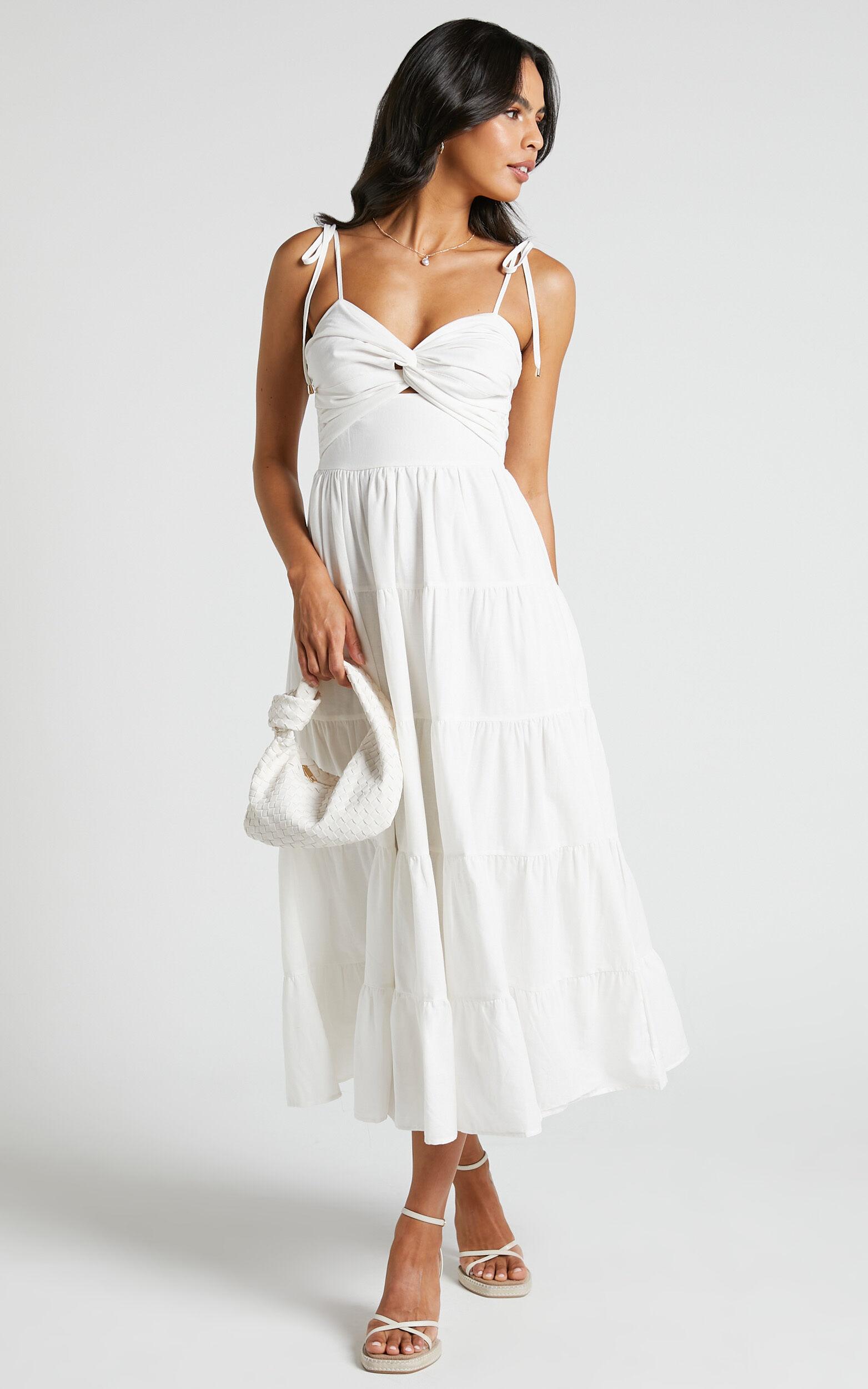 Leticia Midi Dress - Twist Front Tie Strap Tiered Dress in Off White Product Image