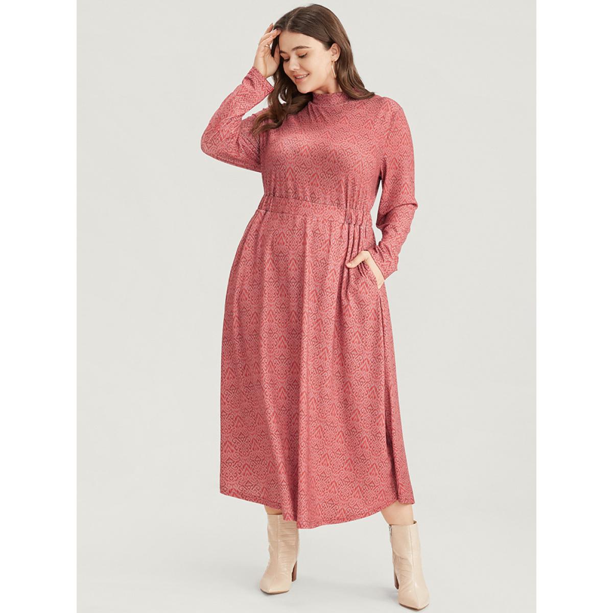 Plus Size Bandana Print Mock Neck Pocket Ruffle Hem Dress Scarlet Women Elegant Elastic Waist Mock Neck Long Sleeve Curvy Midi Dress BloomChic 10/M Product Image