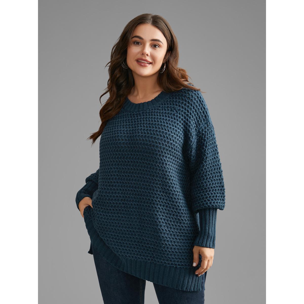 Plus Size Texture Drop Shoulder Split Hem Pullover Cyan Women Casual Loose Long Sleeve Round Neck Everyday Pullovers BloomChic 18-20/2X Product Image