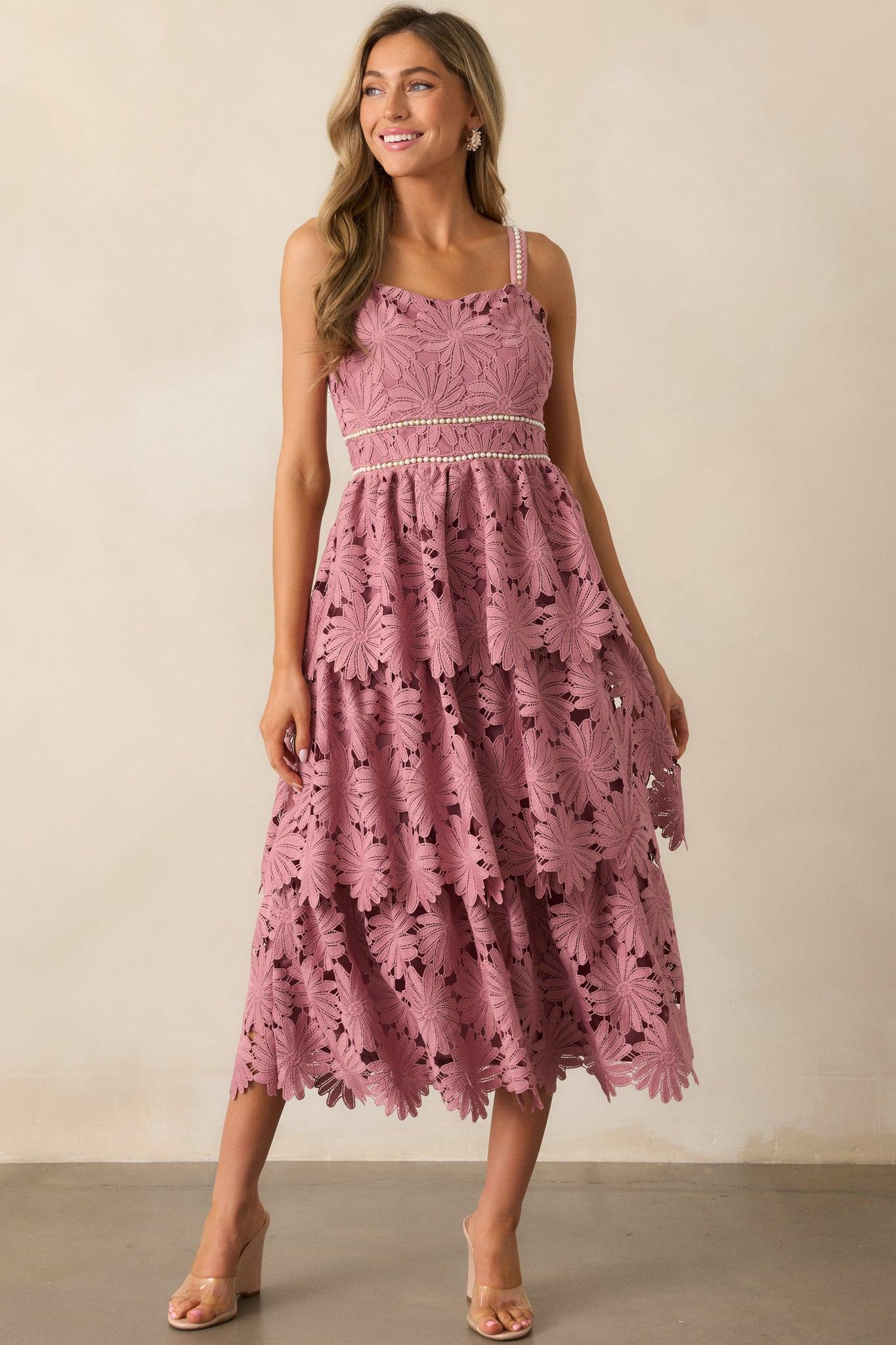 My Love Language Dusty Pink Floral Embroidered Midi Dress Product Image