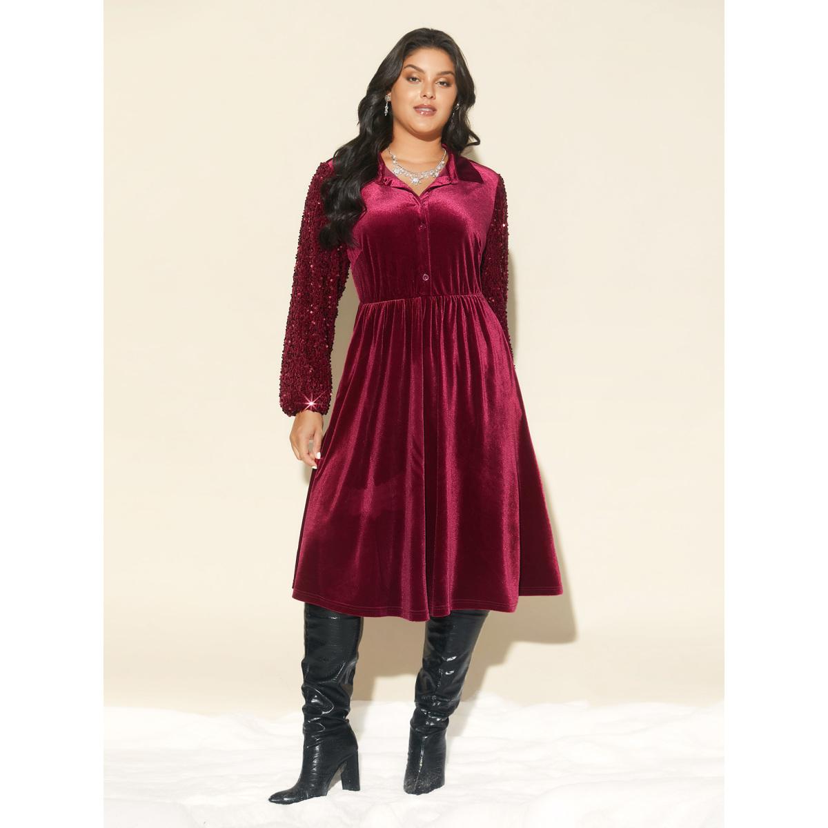 Plus Size Shimmery Embellishments Shirt Collar Midi Dress Burgundy Women Cocktail Texture Shirt collar Long Sleeve Curvy BloomChic 14-16/1X Product Image