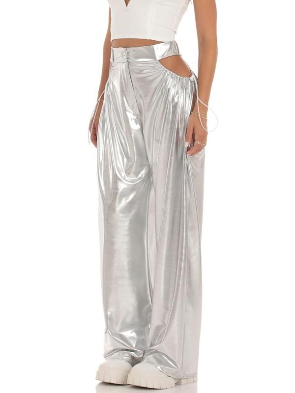 Metallic Cutout Drawstring Wide Leg Pants Product Image