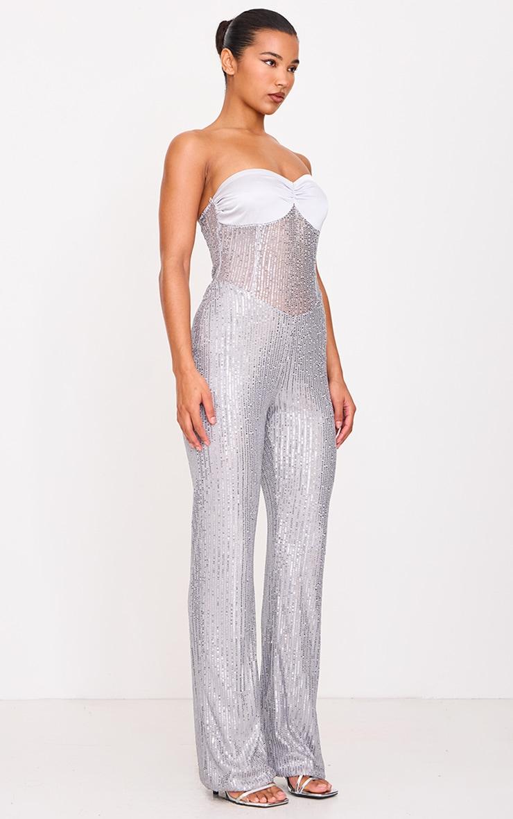 Silver Sequin Bandeau Sheer Panel Jumpsuit Product Image