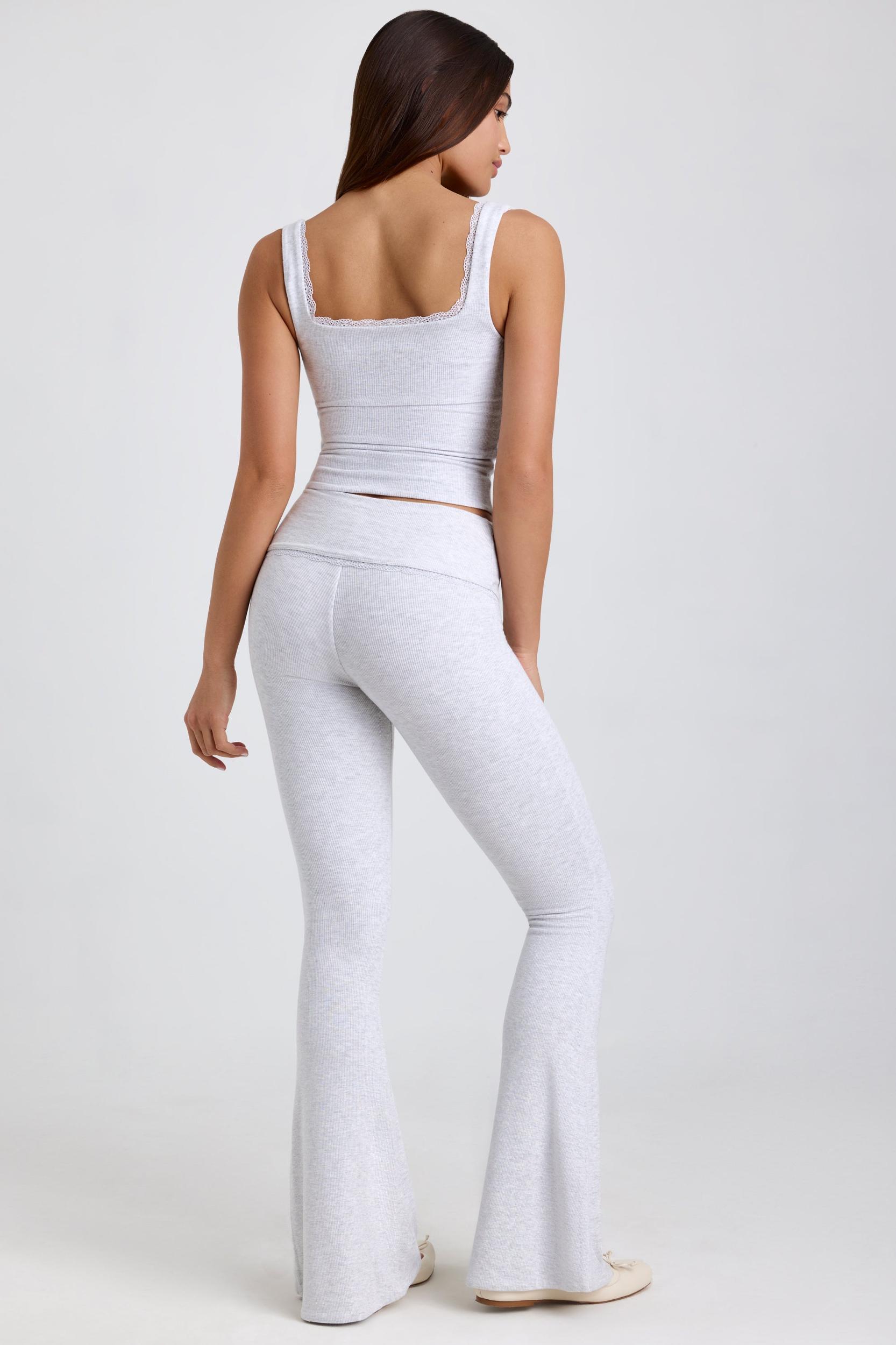 Ribbed Modal Mid-Rise Foldover Flared Trousers in Grey Product Image