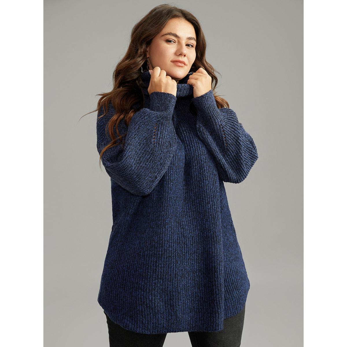 Plus Size Turtle Neck Belted Drop Shoulder Pullover Navy Women Casual Loose Long Sleeve Lapel Collar Dailywear Pullovers BloomChic 10/M Product Image