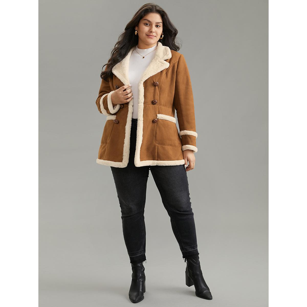 Plus Size Faux Suede Buckle Detail Fuzzy Trim Coat Women Chocolate Casual Lined Ladies Dailywear Winter Coats BloomChic 12/L Product Image