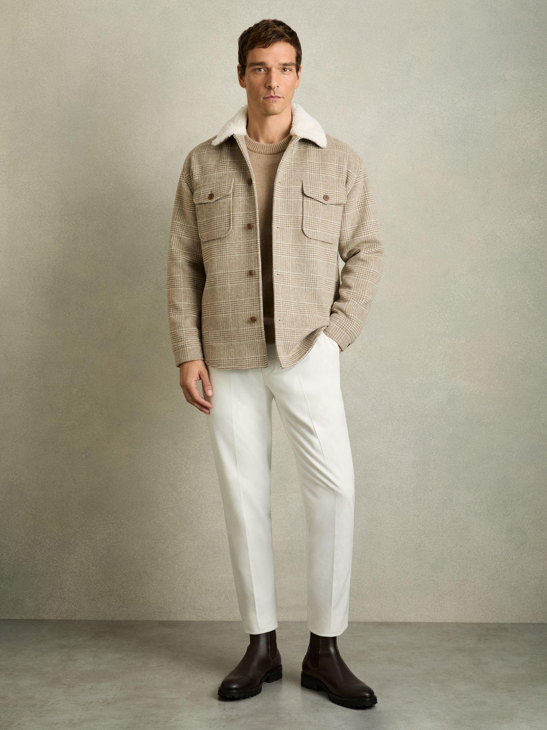 Wool-Blend Borg-Collar Check Overshirt in Oatmeal Product Image