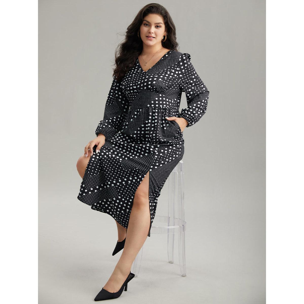 Plus Size Polka Dot Elastic Waist Split Hem Dress Black Women At the Office Pleated V-neck Long Sleeve Curvy Midi Dress BloomChic 30/6X Product Image