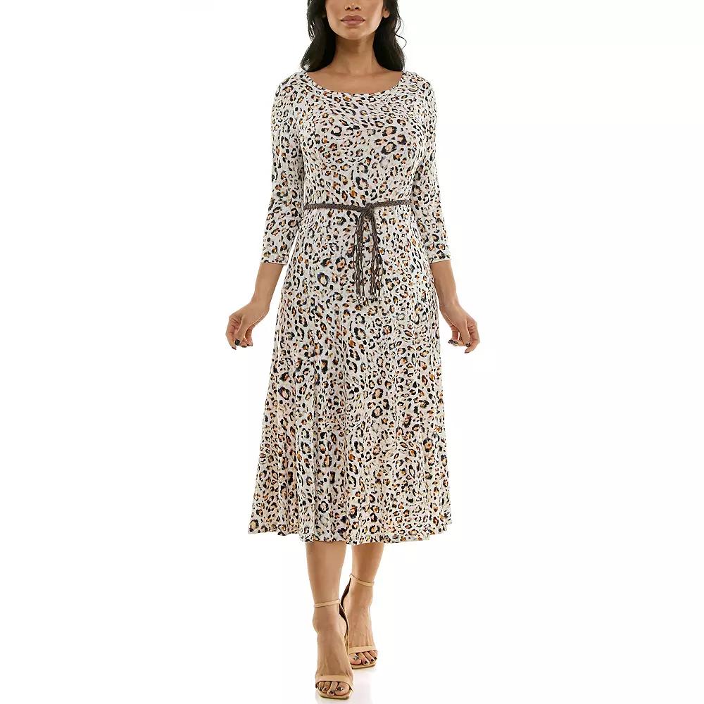Women's Nina Leonard Sylvia Three-Quarter Sleeve Belted Midi Dress,  Product Image