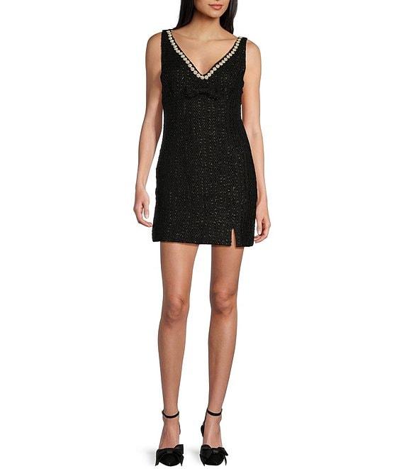 Allison & Kelly Sleeveless V-Neck Boucle Pearl Trim Dress Product Image