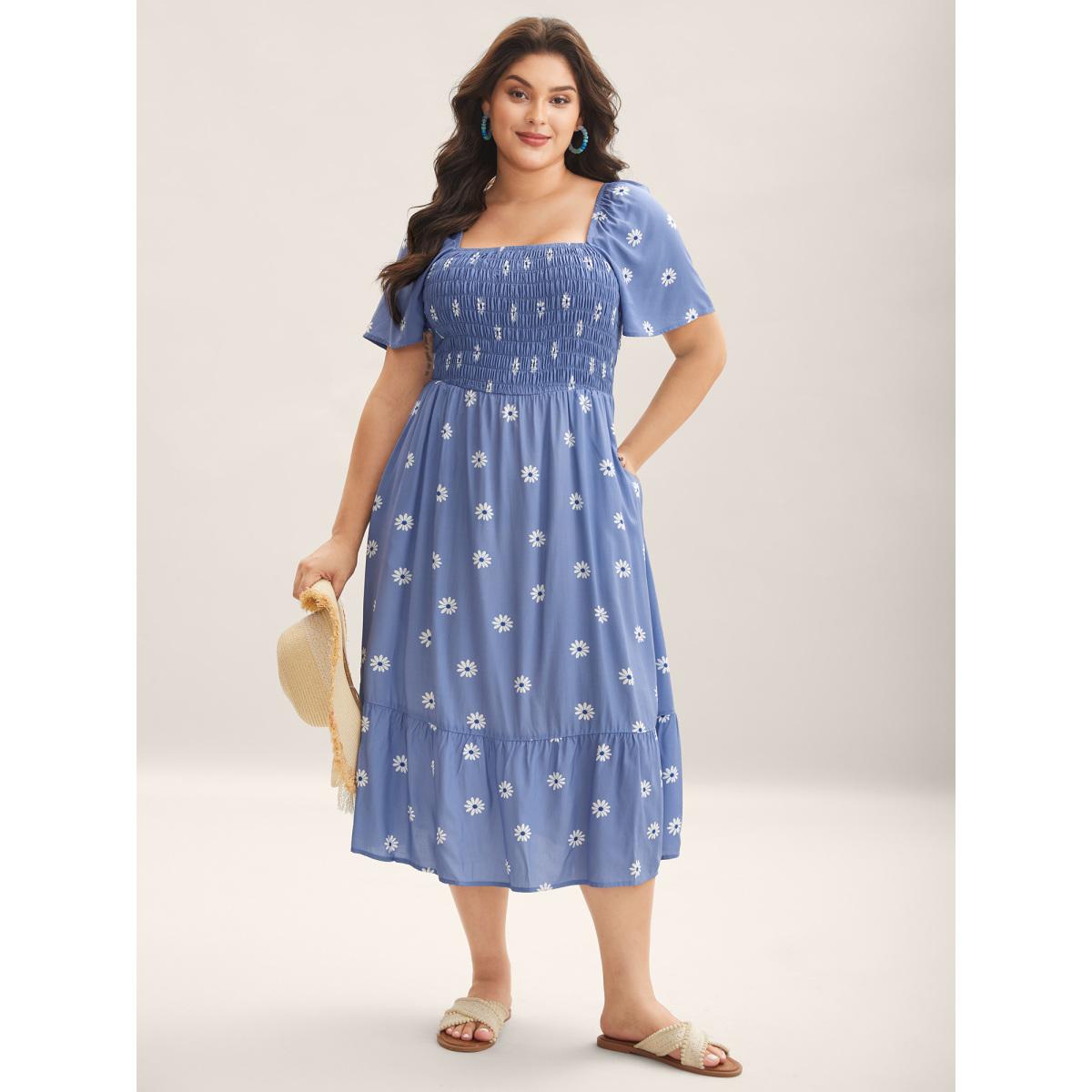 Plus Size Rayon Floral Shirred Midi Dress Mediumblue Women Boho Square Neck Short sleeve Curvy BloomChic 26/4X Product Image