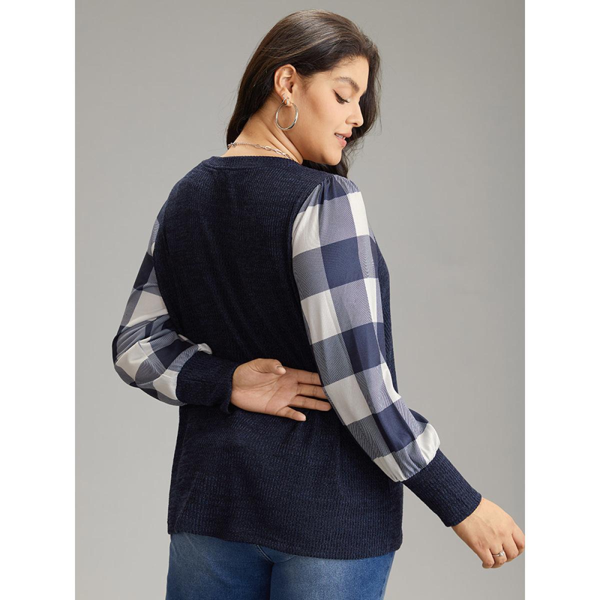 Plus Size Rib Knit Plaid Patchwork Plisse Sweatshirt Women Indigo Casual Heather Round Neck Dailywear Sweatshirts BloomChic 30/6X Product Image
