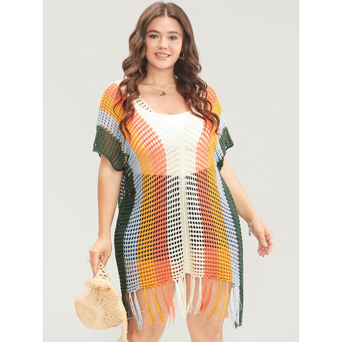 Plus Size Colorblock Contrast Dolman Sleeve Cut Out Tassels Hem Knit Top Multicolor Women Vacation Loose Sleeveless V-neck Dailywear Pullovers BloomChic 10/M Product Image