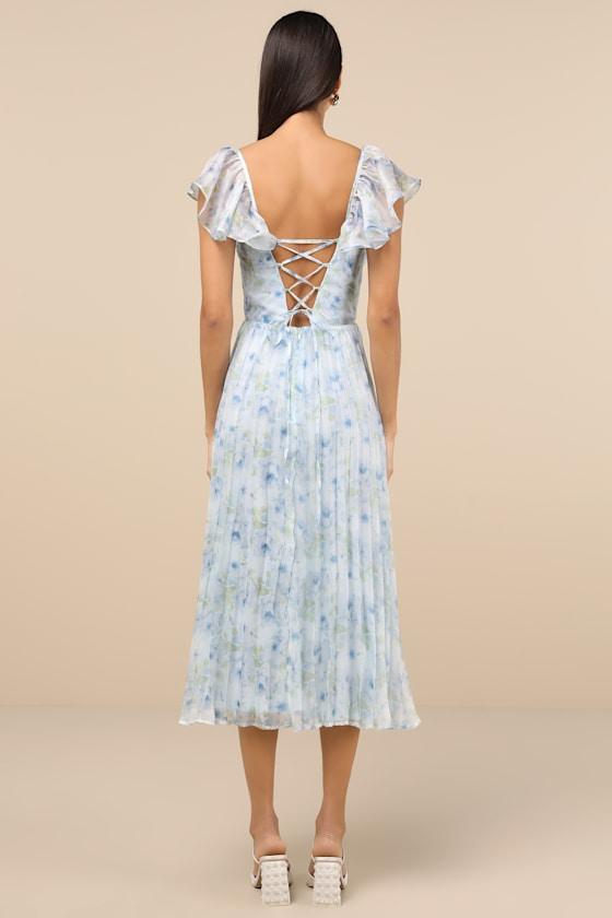 Gorgeous Presence Blue Floral Pleated Lace-Up Midi Dress Product Image