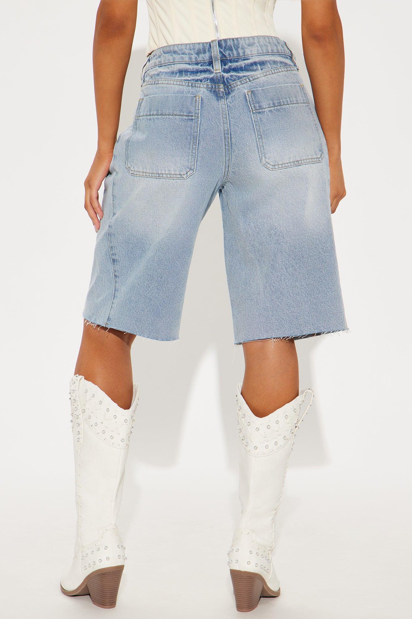 Carryn Non Stretch Crossover Waistband Denim Jorts - Light Wash Product Image