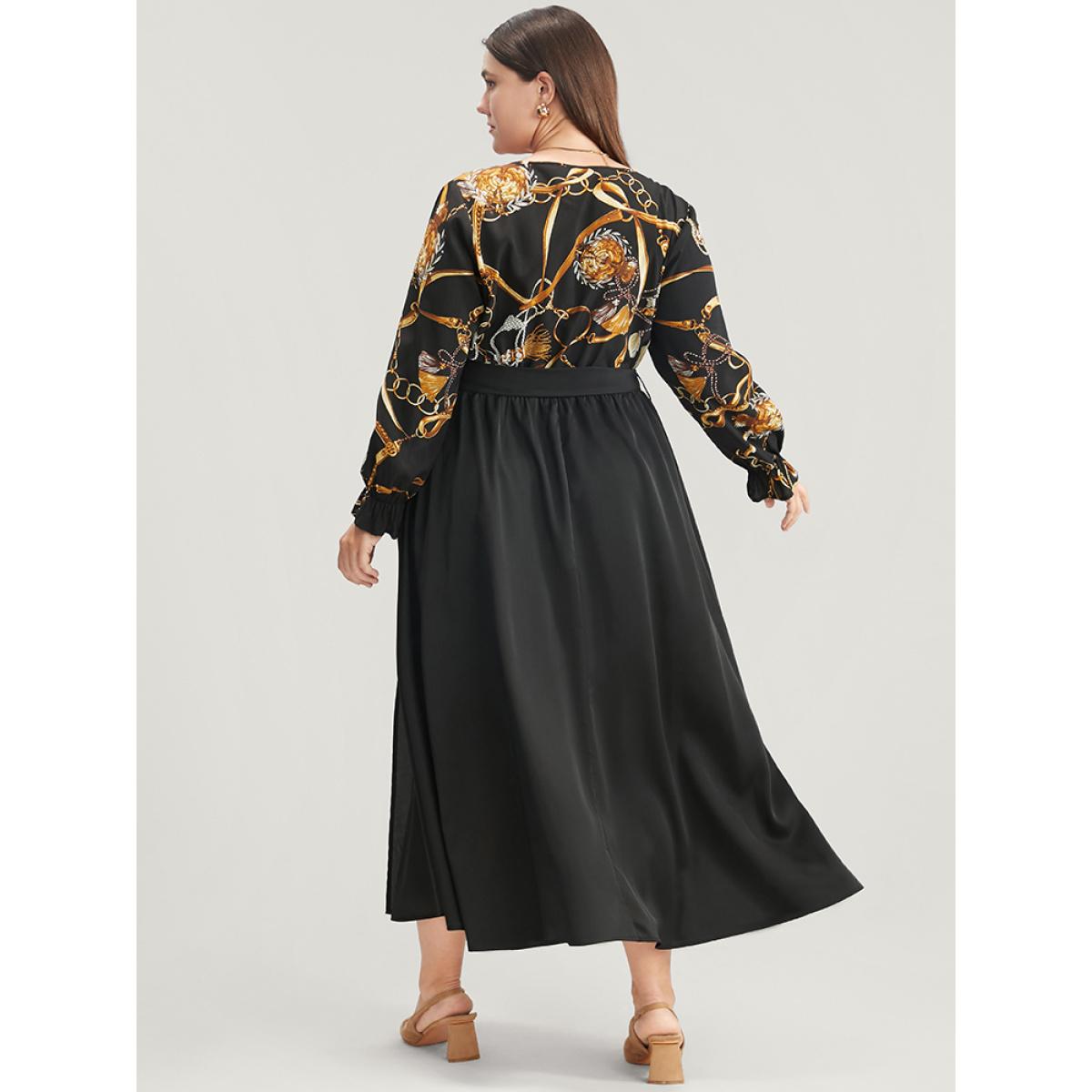Plus Size Chain Print V Neck Pocket Lantern Sleeve Belted Split Dress Black Women Elegant Pocket V-neck Long Sleeve Curvy Midi Dress BloomChic 28/5X Product Image