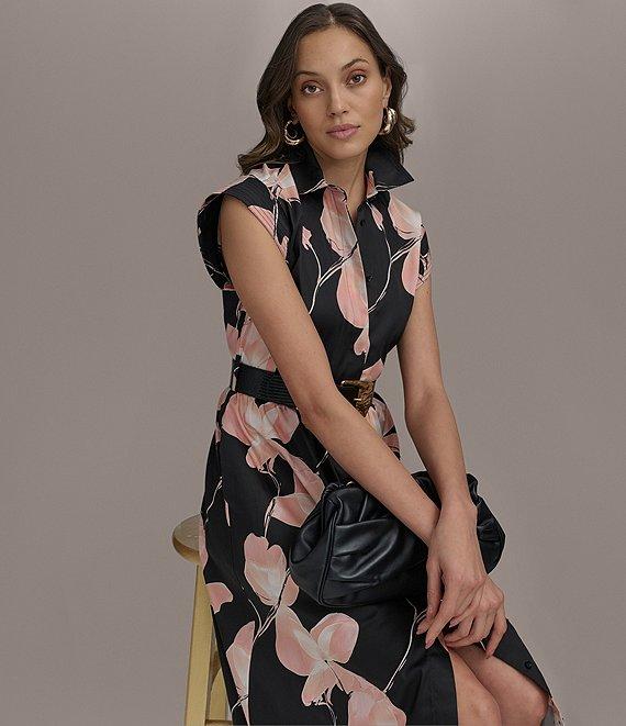 Donna Karan Floral Cap Sleeve Belted Midi Shirt Dress Product Image