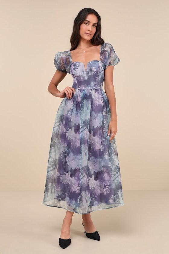 Lovely Statement Purple Floral Organza Tie-Back Midi Dress Product Image