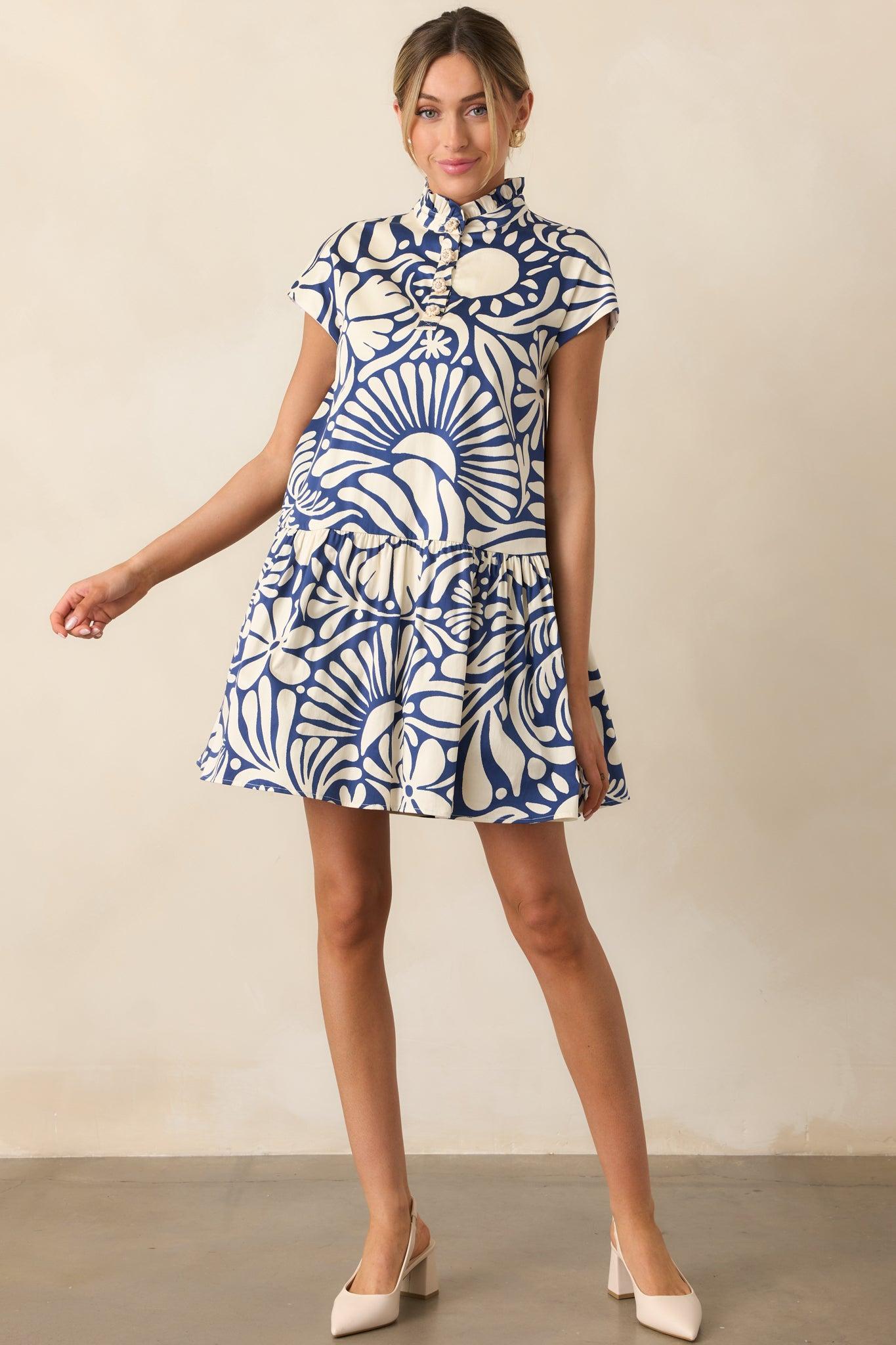Prosperina Stella Navy Floral Print Cotton Mini Dress Product Image