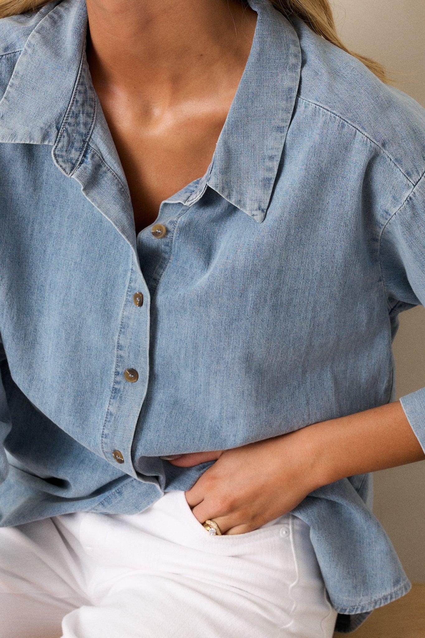 In Plain Sight Cotton Light Chambray Button Front Top Product Image