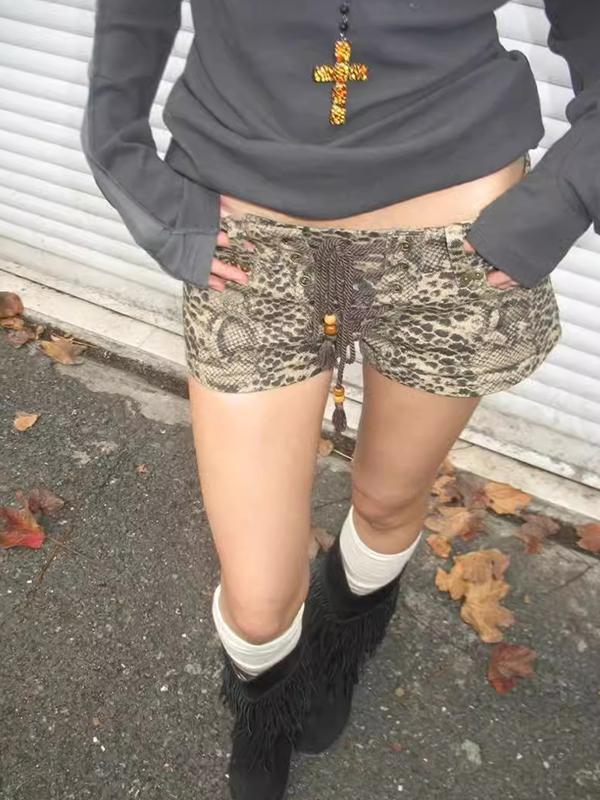 Washed Leopard Print Straps Denim Shorts Product Image