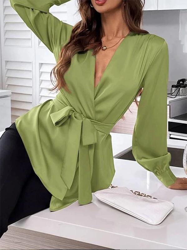 Loose Puff Sleeves Pleated Solid Color Split-Joint Tied Waist V-Neck Blouses&Shirts Tops Product Image