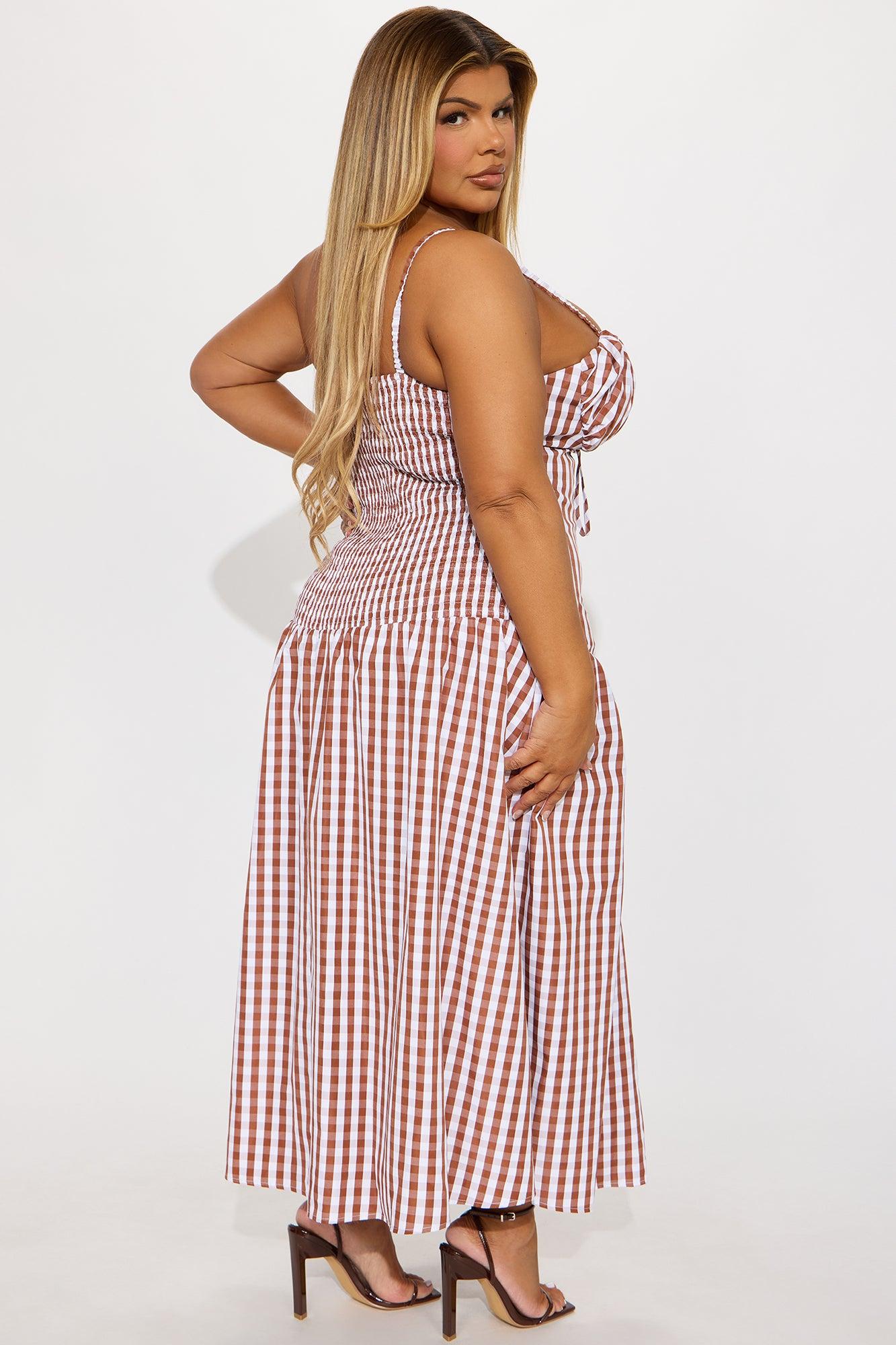 Jillian Drop Waist Gingham Midi Dress - Brown/combo Product Image