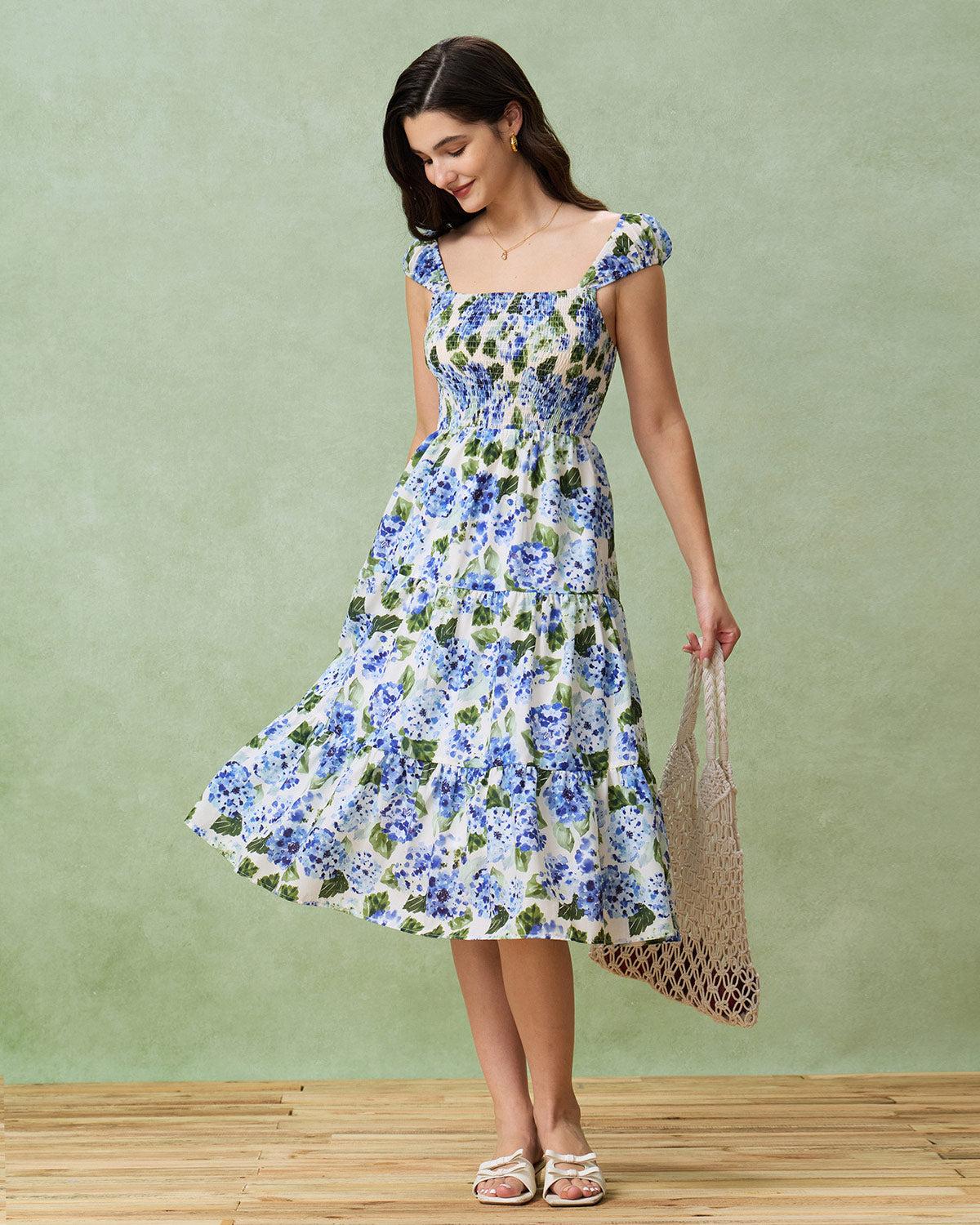 Blue Floral Square Neck Shirred Midi Dress Product Image
