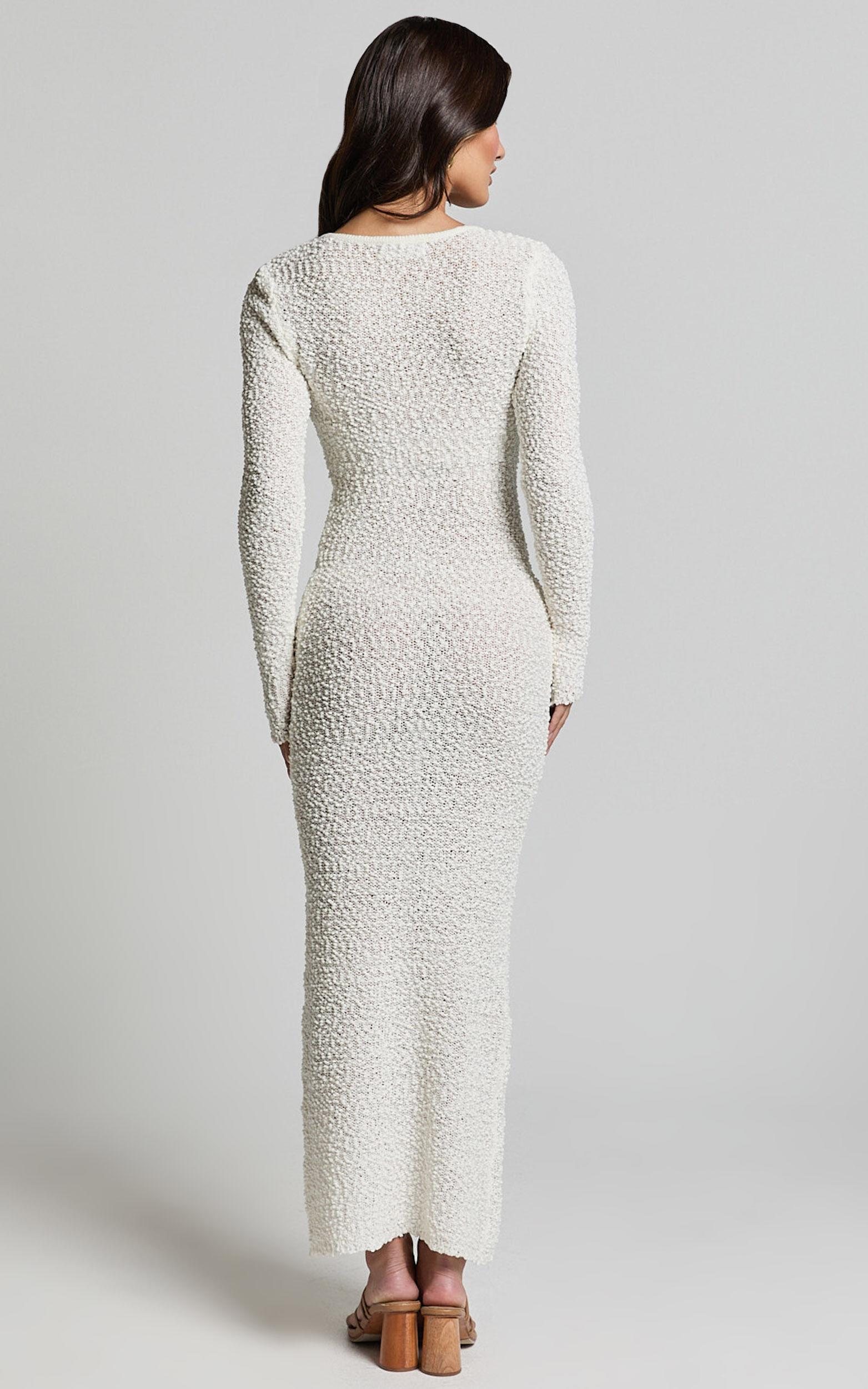 Freya Midi Dress - Scoop Neck Long Sleeve Boucle Knit Dress in Off White Product Image