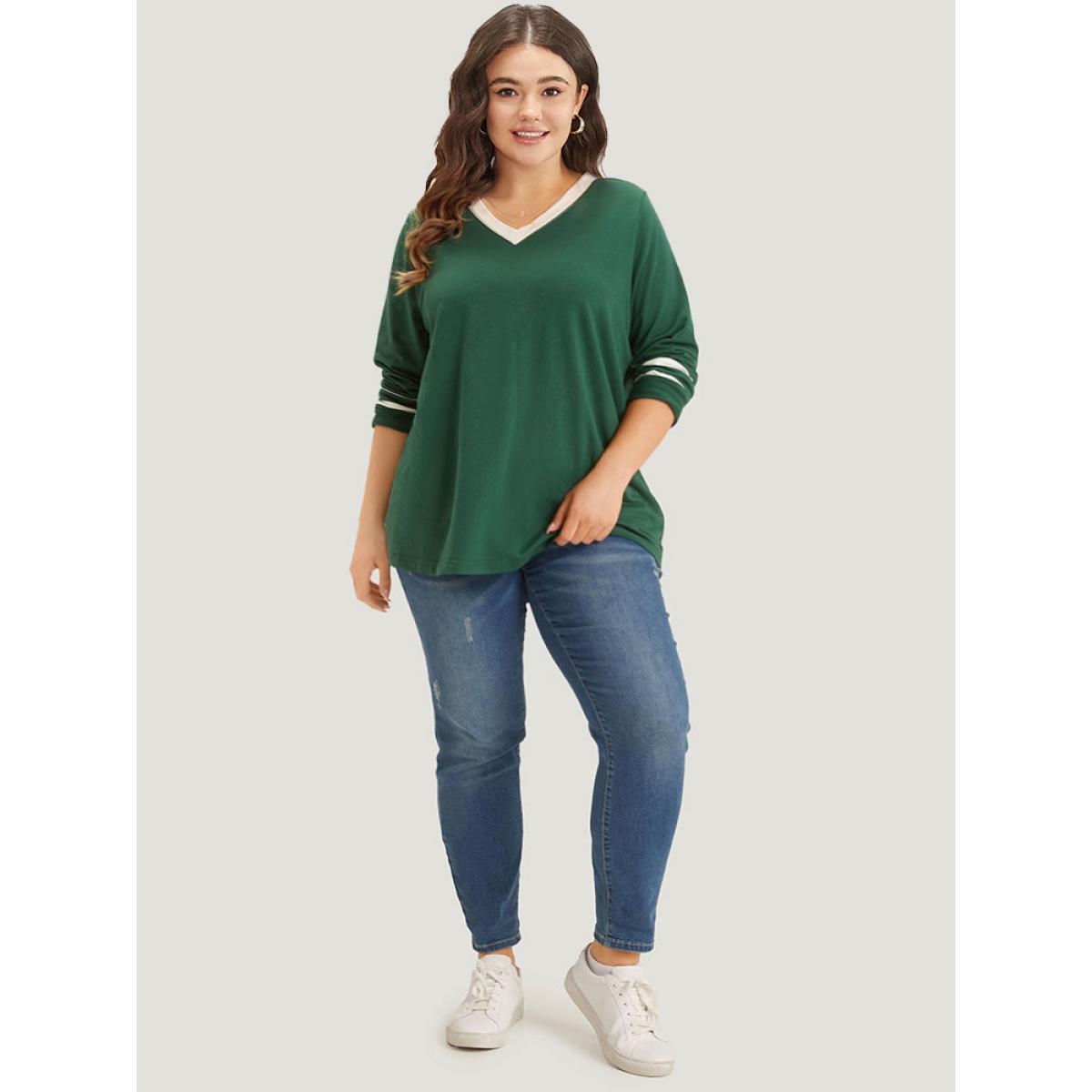 Plus Size Striped Contrast V Neck Sweatshirt Women Green Casual Contrast V-neck Dailywear Sweatshirts BloomChic 10/M Product Image