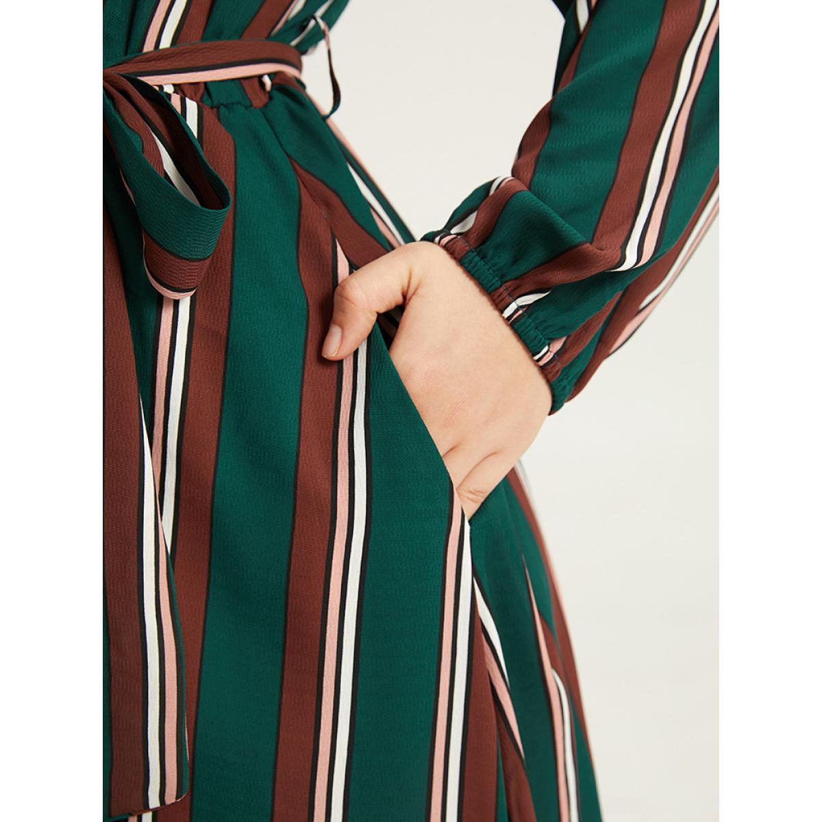 Plus Size Striped Contrast Crew Neck Belted Dress Multicolor Women Office Elastic cuffs Round Neck Long Sleeve Curvy Midi Dress BloomChic 22-24/3X Product Image