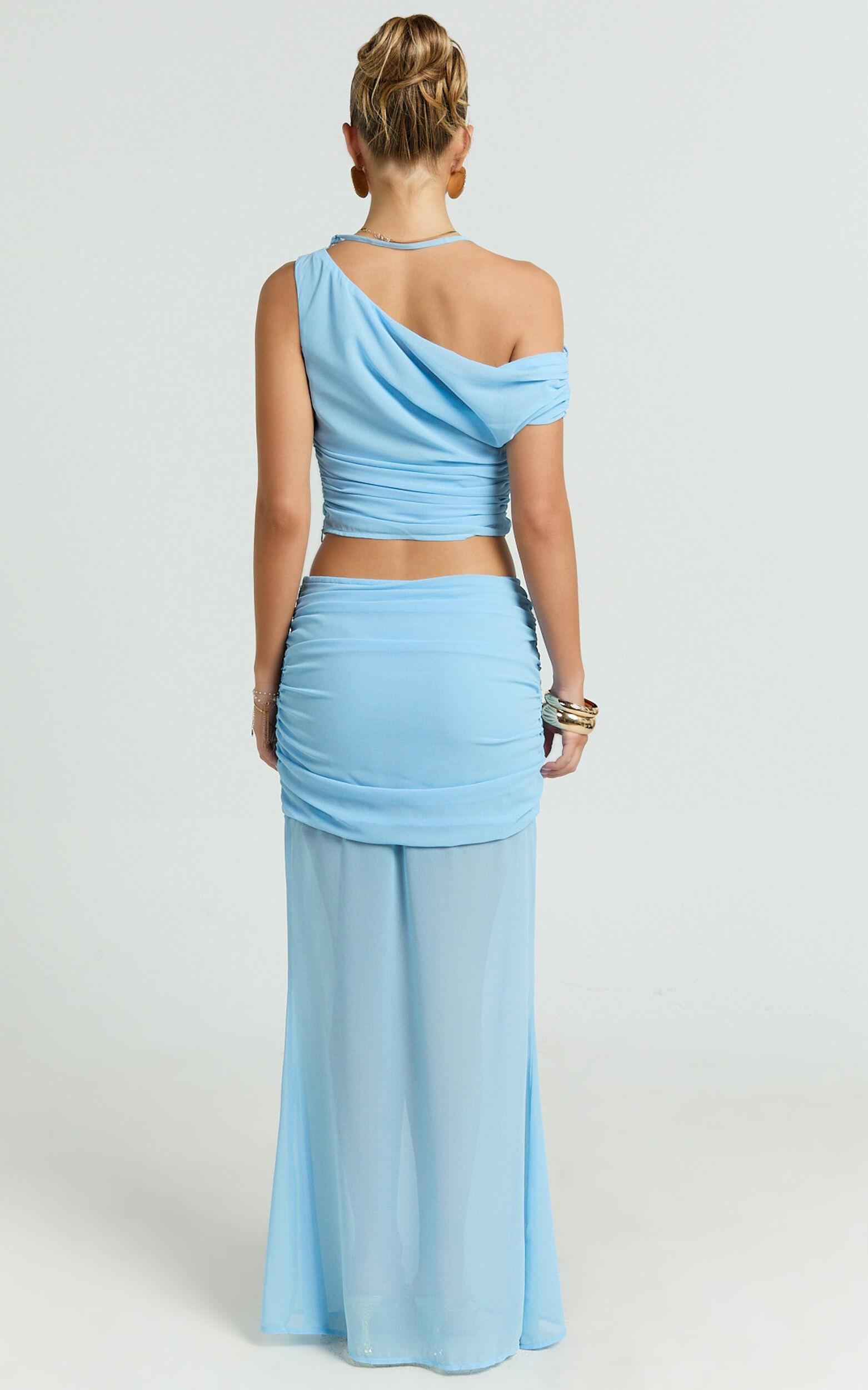 Salma Two Piece Top and Skirt Set - Georgette Asymmetric Top and Fit And Flare Maxi Skirt Set in Sky Blue Product Image